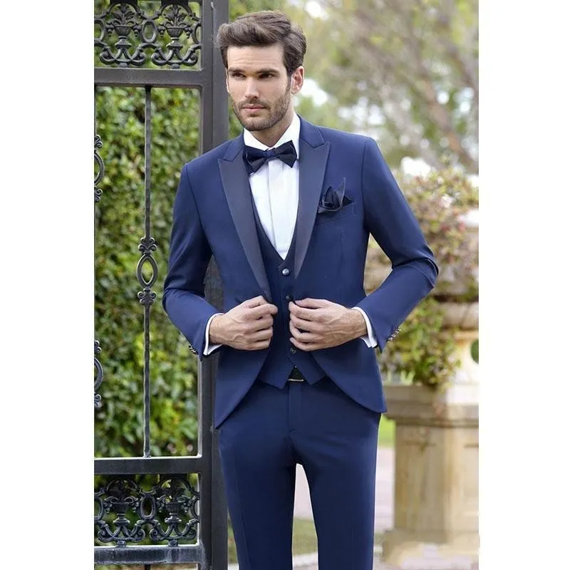 Fashion Blue Men 3 pezzi Suit Smoking da sposa Smoking da sposo eccellente Uomo Business Dinner Prom Party Blazer (Jacket + Pants + Tie + Vest) 1514