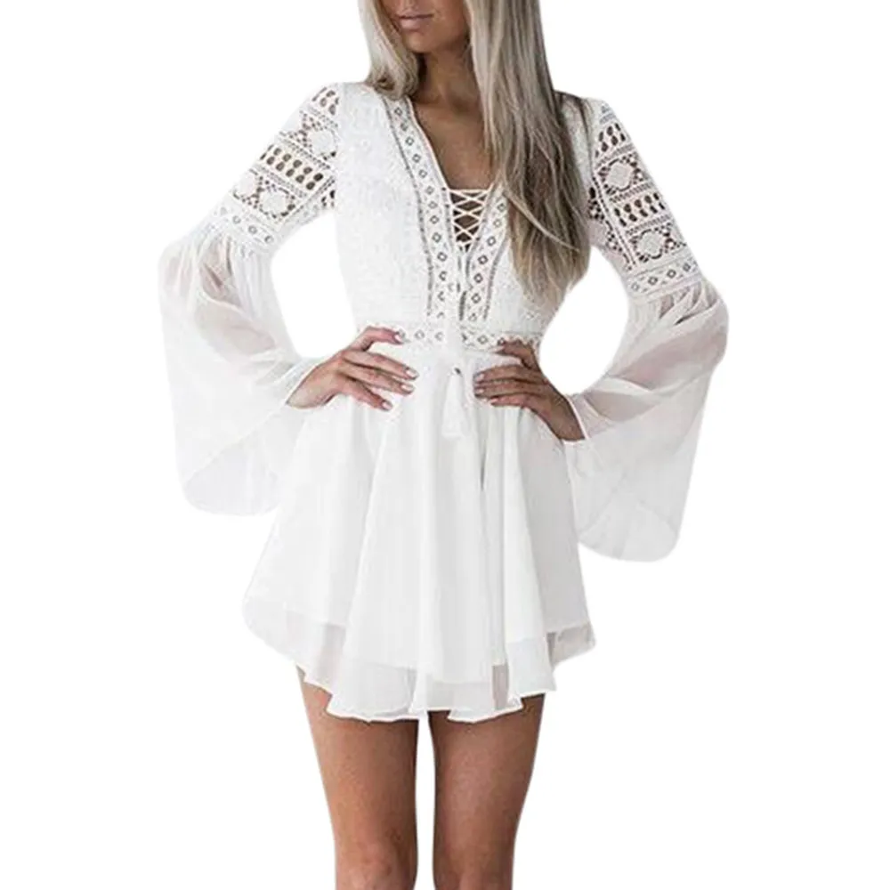 summer women girls white bohemian mini dress fashion spring solid lace casual clothes vneck long