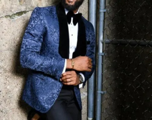 Popularne Przystojny Przycisk Blue Wzorce Ślub Groom Tuxedos Szal Kapel Groomsmen Mężczyźni Garnitury Prom Blazer (Kurtka + Spodnie + Krawat) No: 1865