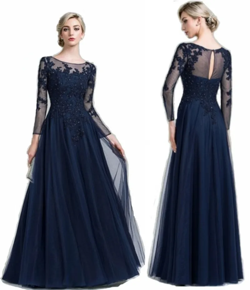 Plus Size Navy Blue Mother's Dresses LongeeLeses Pärlade spets bröllopsfestklänningar Spring Ny Brides Maid Dress