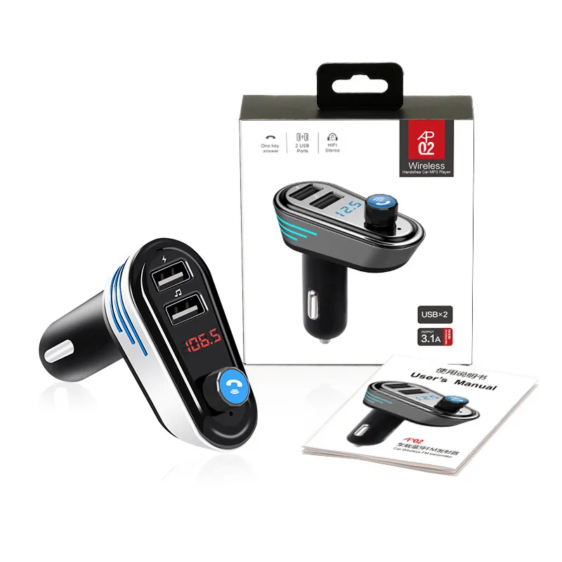 AP02 Autolader Bluetooth Car Kit HandsFree FM Zender Wireless A2DP Cars Mp3 -speler Ondersteuning U Disk Dual USB 5V 3.1A