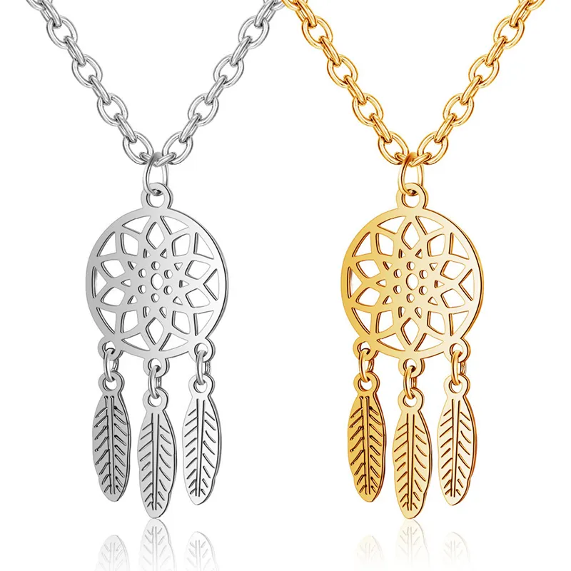 Atrapasueños de acero inoxidable, collares, chapado en oro y plata, plumas de acero de titanio, cadenas colgantes para mujeres y niñas, regalo de joyería de moda