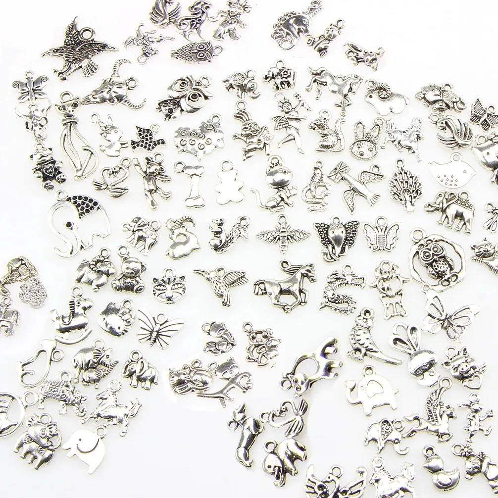 Diverse 100 design djur charms katt gris björn orm häst hund ekorre svan oxhängen för diy halsband armband juvelr1907