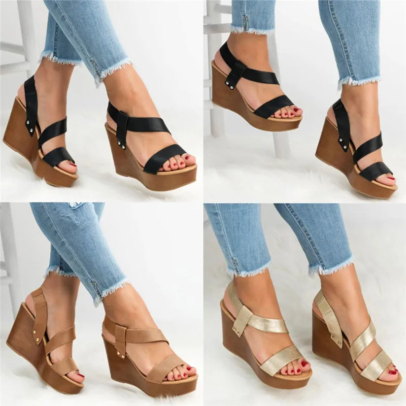 Female Sandal Black New Style Sandals women`s Wedge Heel Simple Sandals Lightweight PU Overshoes women`s Shoes Summer 2020
