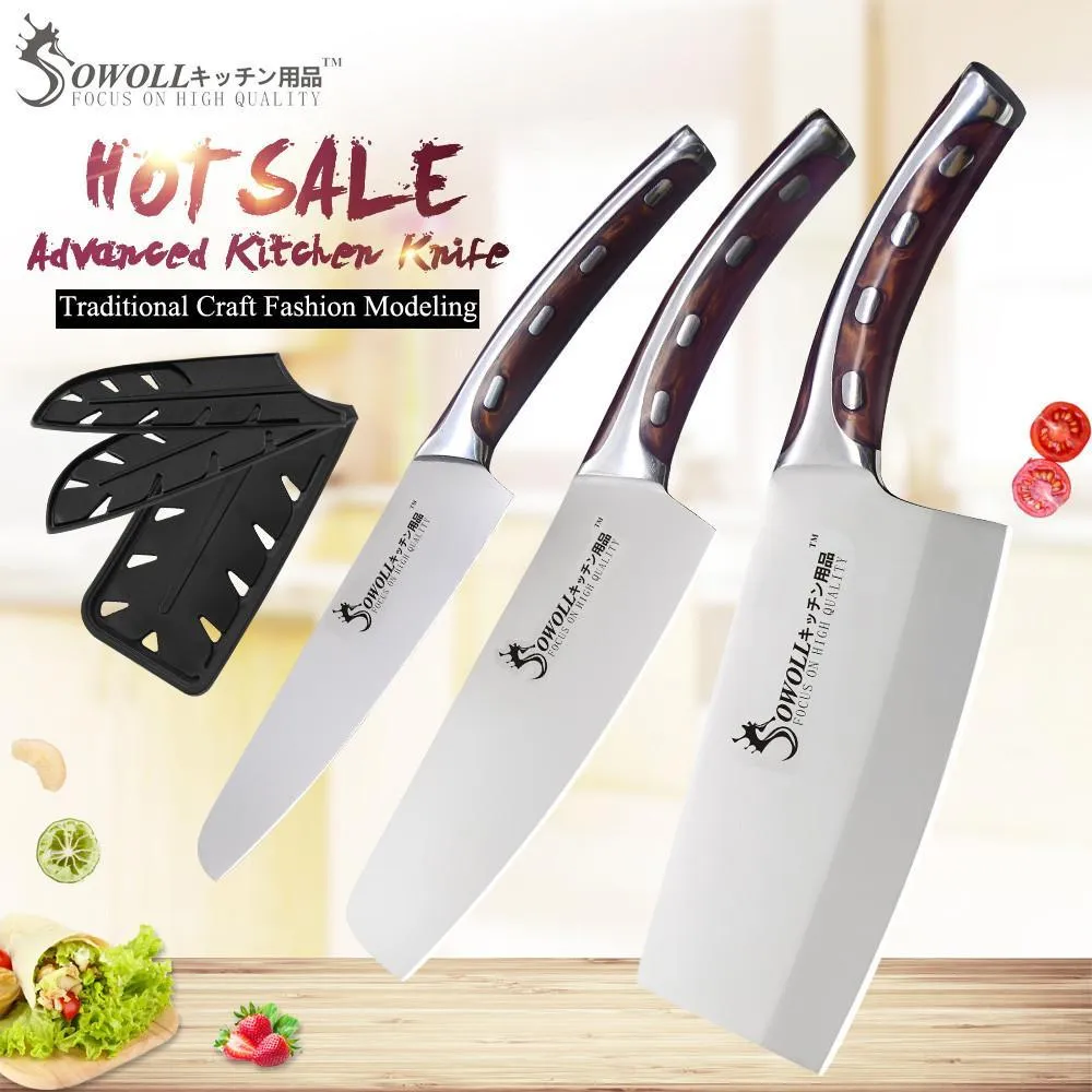 SOWOLL High Quality Japanese Chef Stainless Steel Knife 4 Pcs