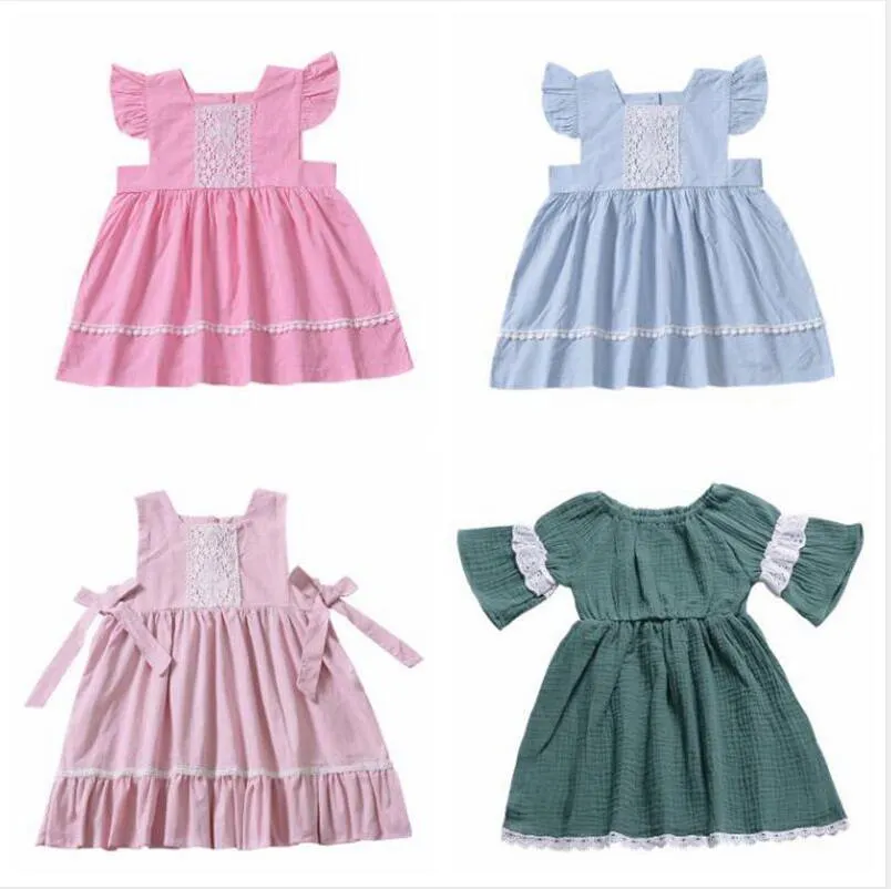 Girls Dresses Baby Fly Sleeve Pleated Dresses Kids Lace Fair Maide Princess Child Summer Vintage Dress Boutique Bowknot Party Sundress C5945