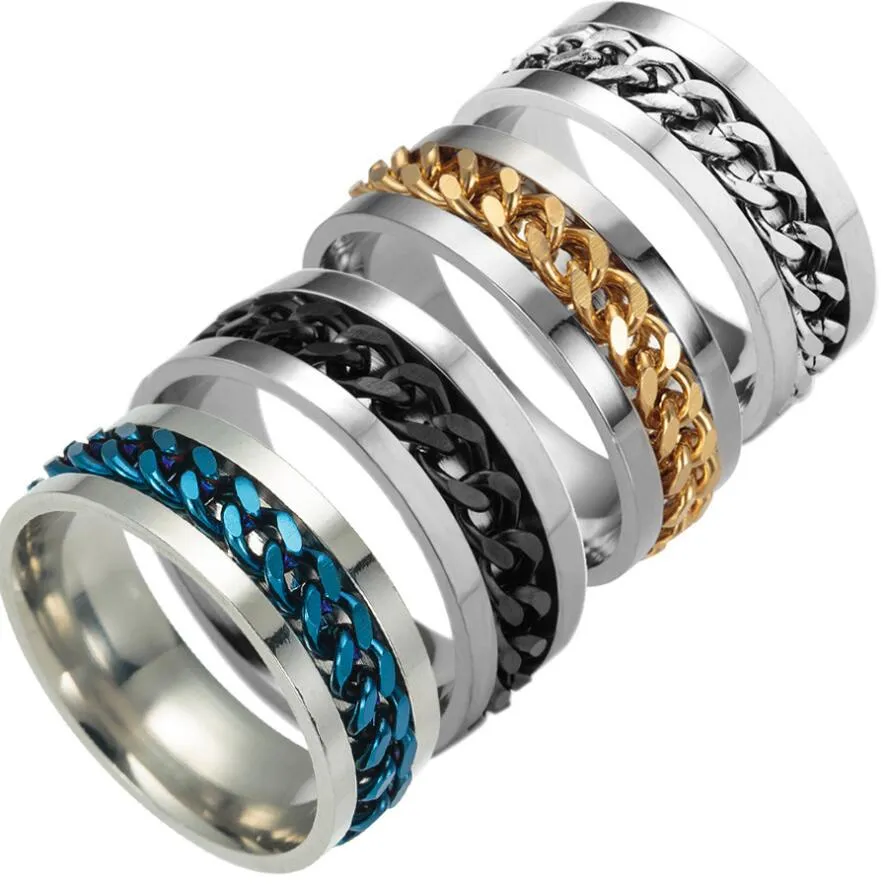 Explosion New High-End Boutique Mäns Rostfritt Stål Guld Svart Silver Kedja Roterbar Ring Finger Tide Personlighet 5 Färger Gratis Frakt