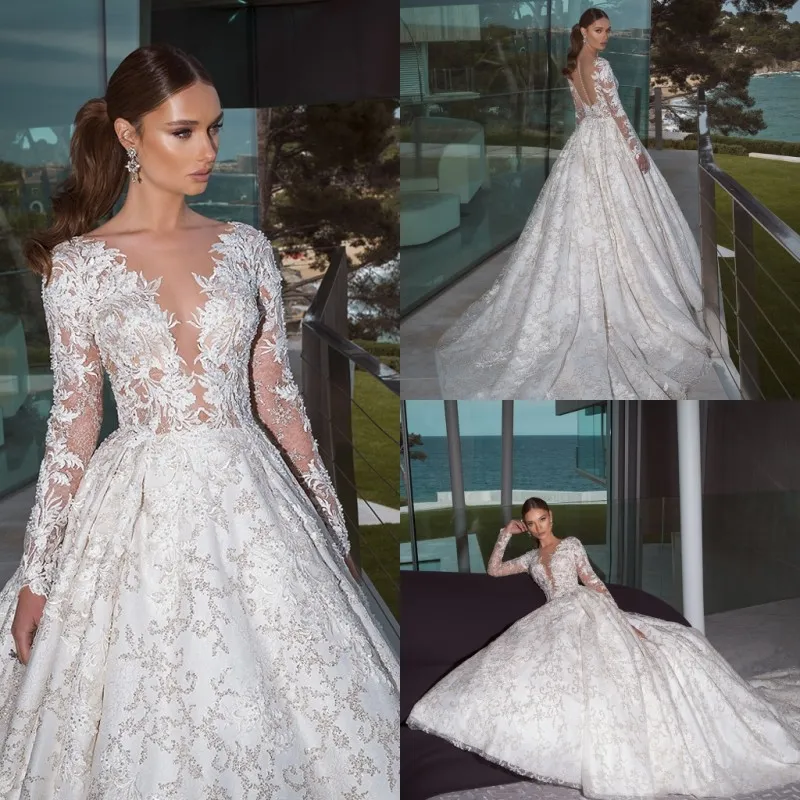 Crystal Design 2019 Wedding Dresses Long Sleeve Sheer V Neck Lace Appliqued Beads Wedding Dress Bridal Gown Country Boho Plus Size