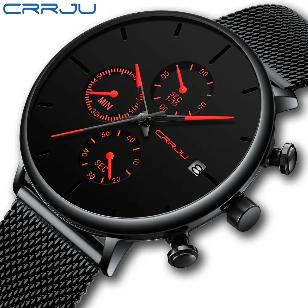 Mens Women Stopwatches Crrju unik design Luxury Sport Wrist Watch Rostfritt stål Mesh Rem Herrmode Casual Date Watc2857