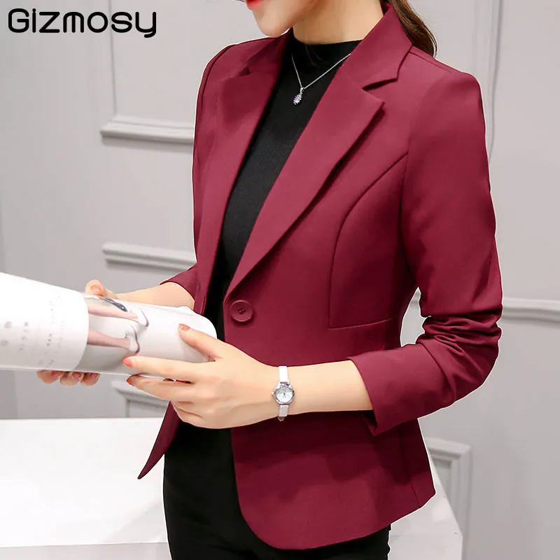 2019 Осень 6 Цветов Slim Fit Blazer Женщины Куртки Одно Кнопка Office Work Blazer Длинные Рукава Наряды Пальто Пальто повседневной Куртки