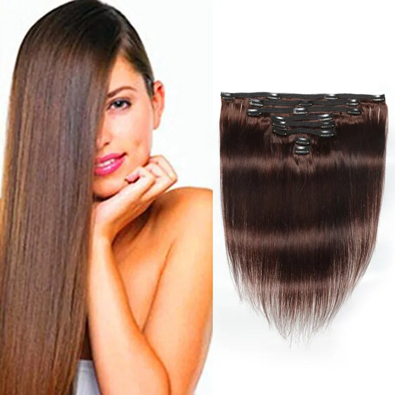 Cheveux vierges brésiliens raides 4 # couleur 120g 100% cheveux humains péruviens soyeux droites Extensions de cheveux à clipser 120 g/ensemble 4 # couleur en gros