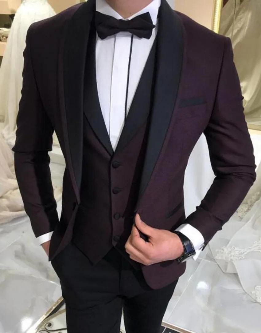 Bourgondië Bruidegom Tuxedos Black Revers Groomsman Bruiloft 3 Stuk Suit Mode Heren Business Prom Party Jacket Blazer (jas + Broek + Tie + Vest) 2584