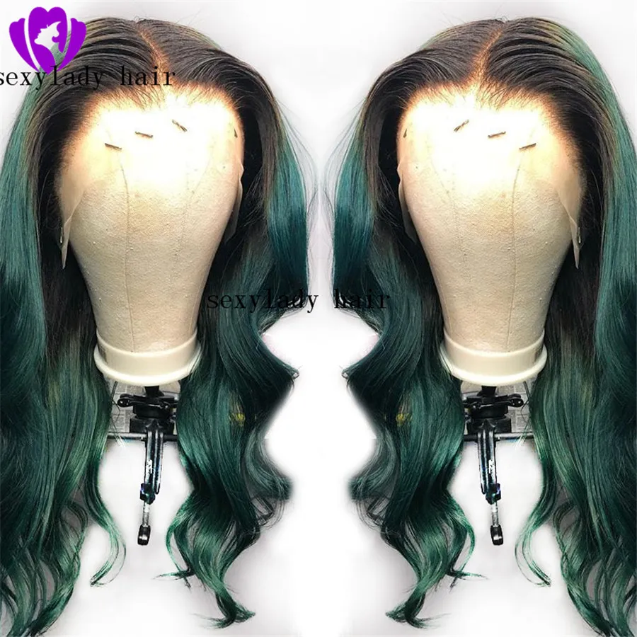 Simulación de alta calidad cabello humano ondulado afroamericano Bob pelucas Ombre verde corto recto sintético encaje frente pelucas para mujeres negras