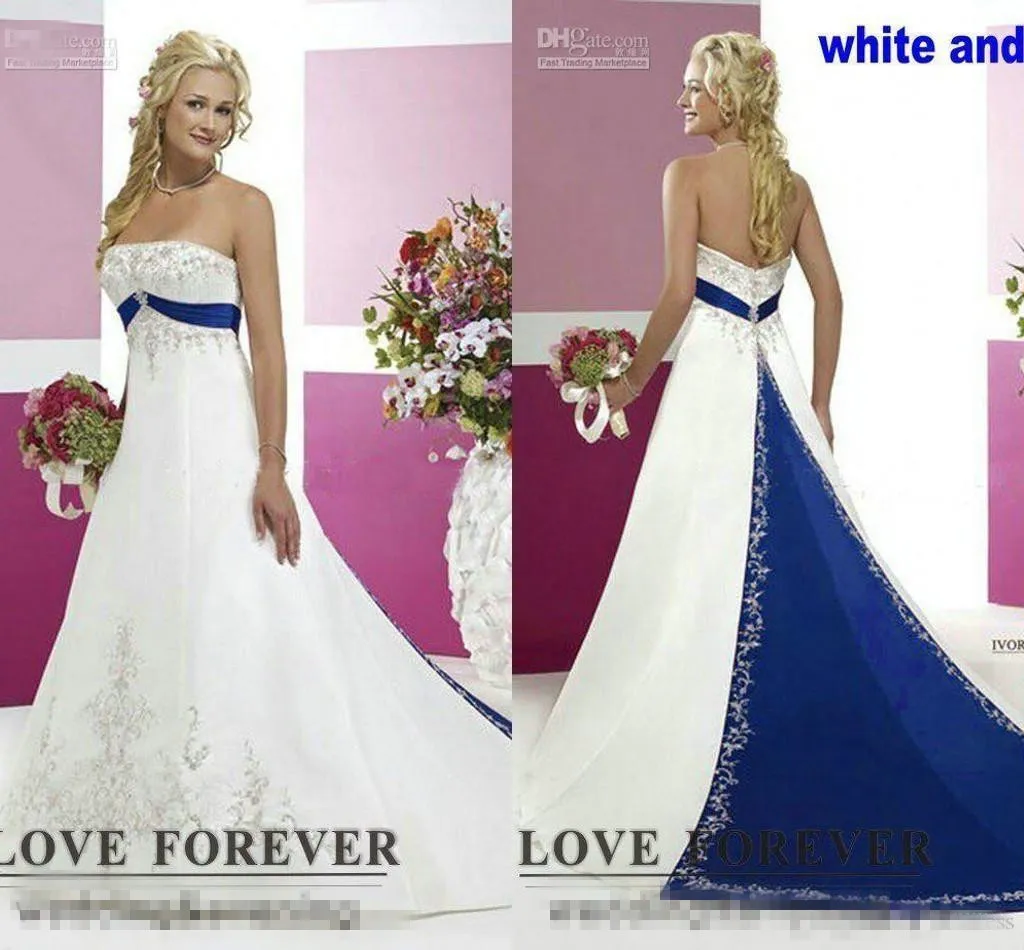 2018 New Sier Embroidery On Satin White And Royal Blue Floor Length Bridal Gowns Custom Made Vintage Style Plus Size Wedding Dresses 322