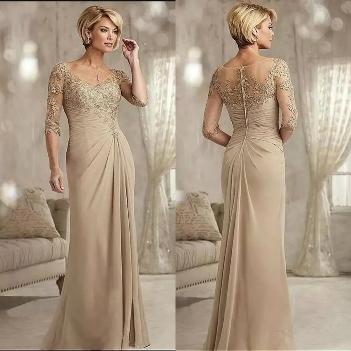 Abiti per la madre della sposa in chiffon champagne 2019 Abiti da sposa su misura per gli ospiti di moda Abiti da cerimonia per la madre