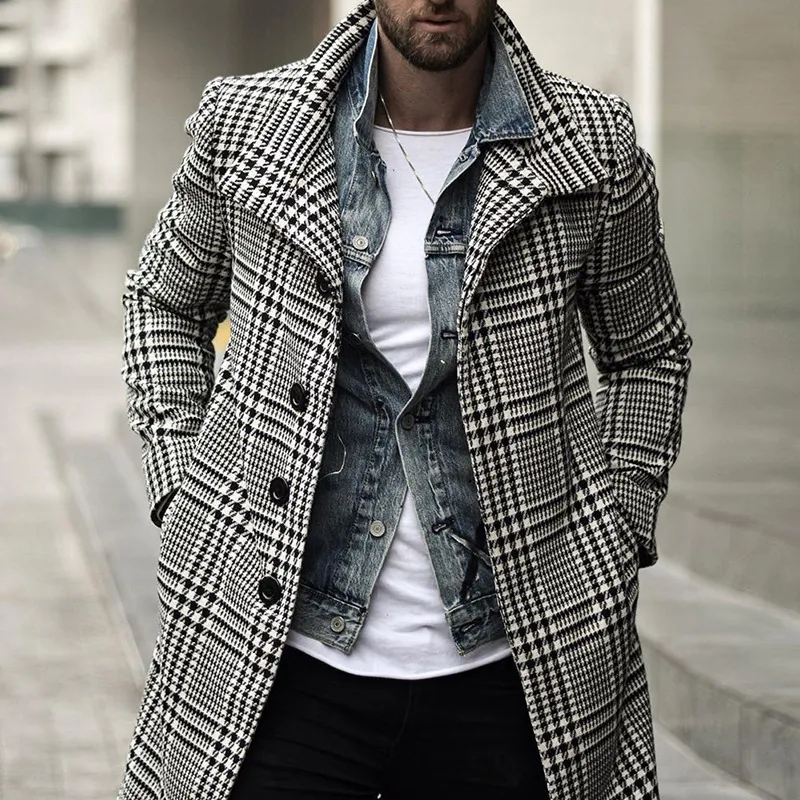 Mens Trench Coats Fashion Plaid Lapel Single Breasted Long Coat Winter Fashion Long Jacket Coats Men Overcoat