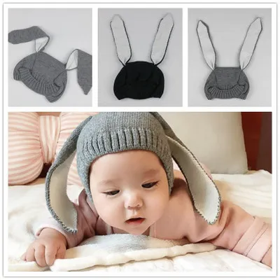 Söt baby kanin öron lock spädbarn vinter varm stickad hatt kanin kepsar barn fotografering rekvisita barn resa beanie hatt