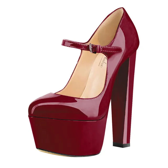 Vrouwen Mary Jane Platform Pumps Enkelband Dik 15 ~ 16 CM Ronde Hak Hoge Hakken Jurk Gesp Schoenen Grote maat US5 ~ US15