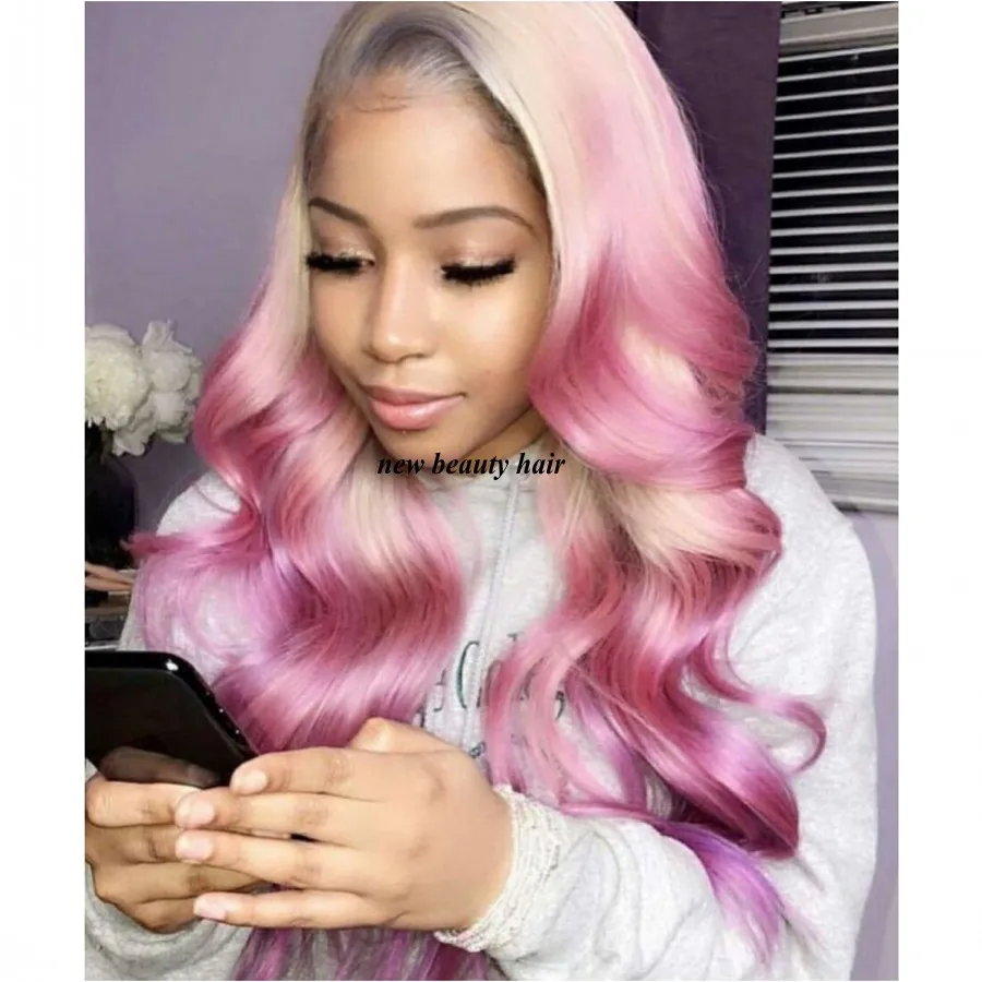 Rooted light pink ombre synthetic lace front Ombre Blonde with Pink Highlight Remy Human Hair Lace Front  main image 3