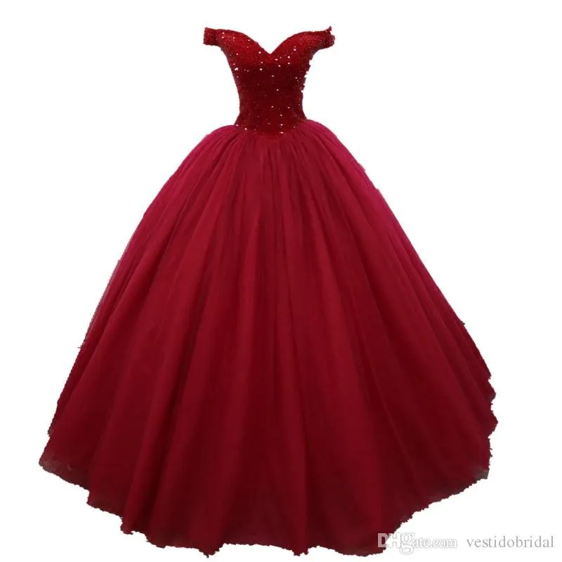 Imagen real Vestido de quincea era rojo Barato 2019 Cuello en V Cors con cuentas Dulce 16 Vestidos Fiesta Ropa de noche Vestido De 15 Anos Pageant