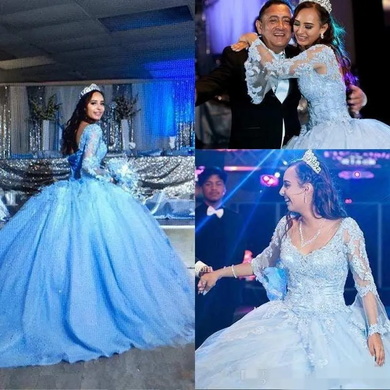 Quinceanera Light Blue Dresses V Neck Long Poet Sleeevs Lace Applique Beaded Corset Back Custom Made Sweet Birthday Party Prom Ball Gown