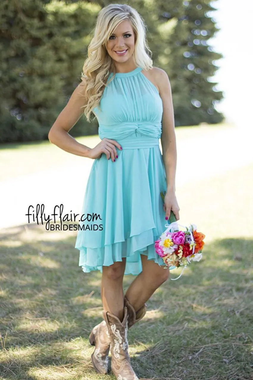 Country Style Turquoise Turquoise Blue Bridesmaid Dresses With Crew Neck And Ruffled Chiffon 2020 Hot Sale For Beach Wedding Party And Maid Of Honor From Hxhdress 58.95 DHgate.Com