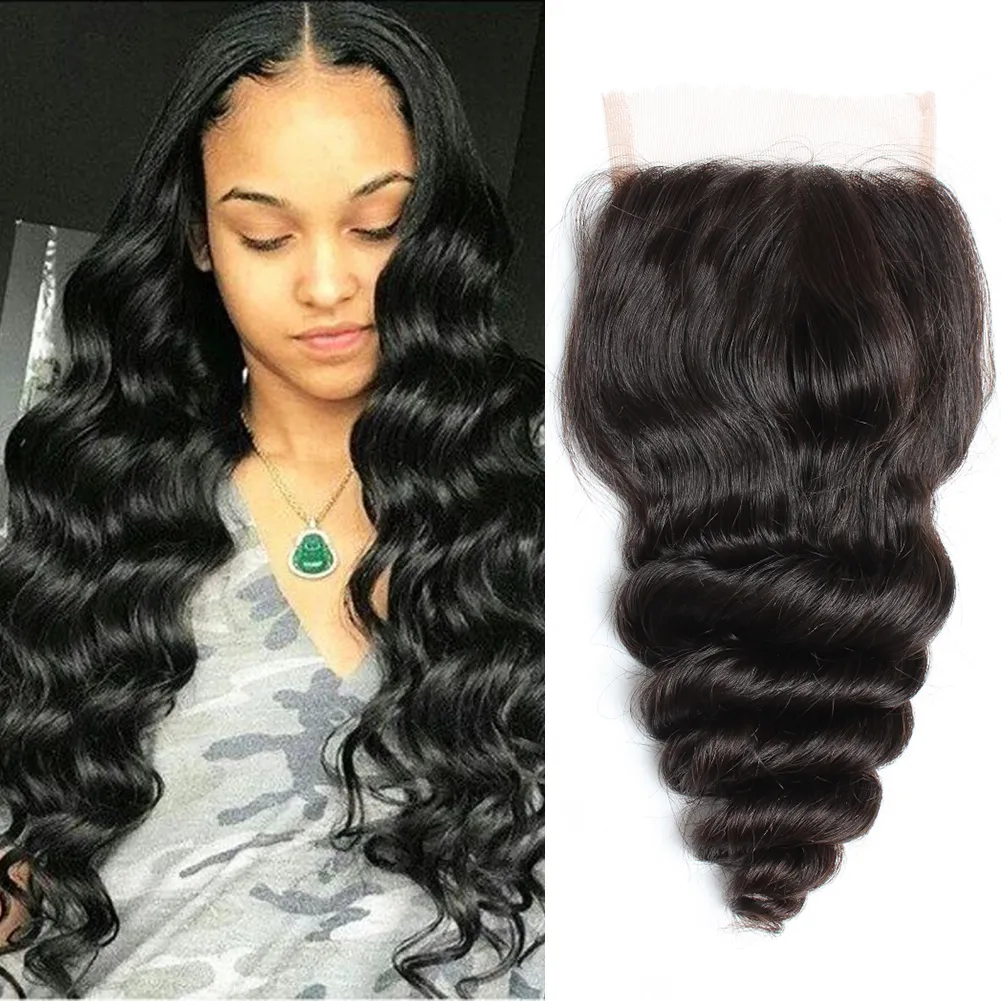 Bella Hair Malaysian Lace Closures Loose Wave Virgin Human HairWeaves Free Part with Baby Bair Top Closures 4x4 Natural Color 8-26 Inch