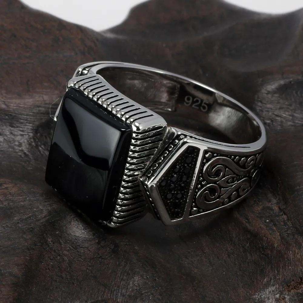 حلقات رجالي مضمونة Silver S925 حلقات تركية عتيقة لخاتم الخاتمة للرجال مع المجوهرات التركية ذات اللون الحجري anello uomo