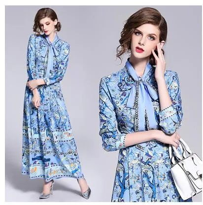 Neues Design für Damen mit Schnürung, Schleifenkragen, langen Ärmeln, blauem Blumendruck, hoher Taille, Maxi-langes Kleid M L XL XXL