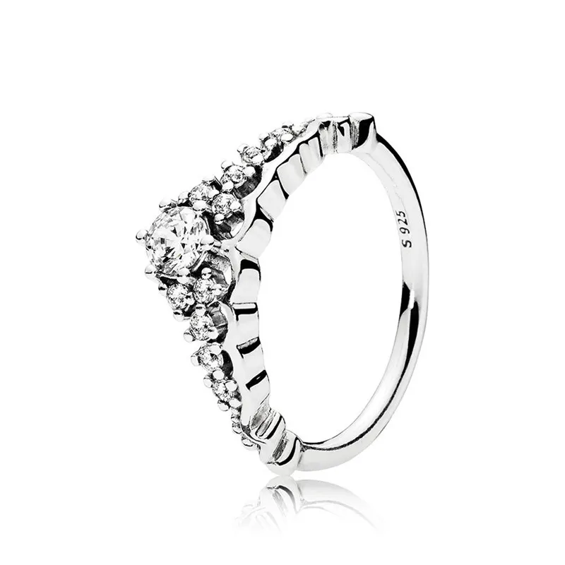 Clear CZ Diamond Fairytale Tiara Ring Scatola originale per Pandora 925 Sterling Silver Crown Set di fedi nuziali da donna