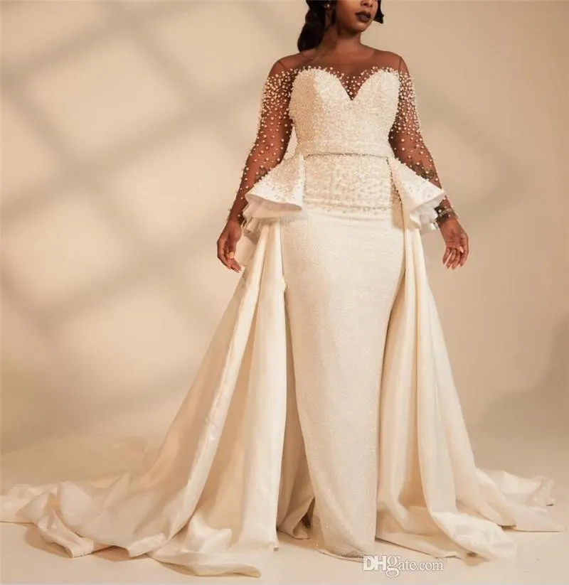 2020 manicotti lunghi Plus Size sirena Abiti da sposa con perle in rilievo Overskirt illusione africana Abiti da sposa su misura Abiti