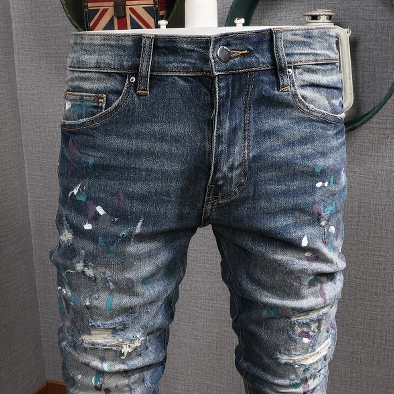 Stretch Design Denim Jeans Biker Fit für Männer Slim Painted Patch Trim Bein Cowboyhose Männlich 5vru