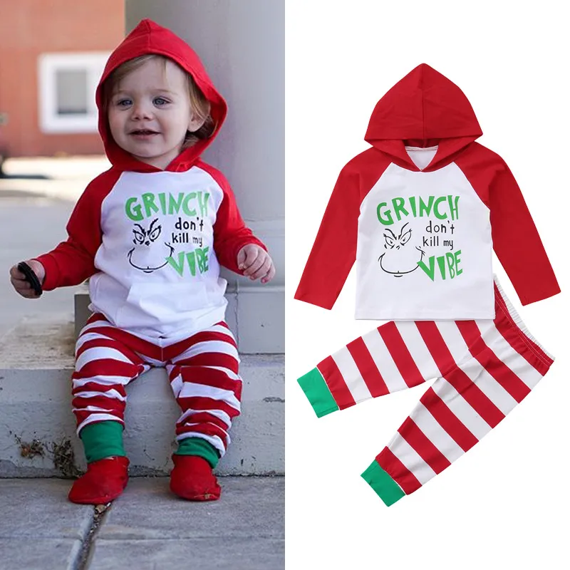 Noël bébé garçon fille à manches longues ensemble de vêtements nouveau-né  mode dessin animé lettre sweats à capuche + pantalon rayé tenues