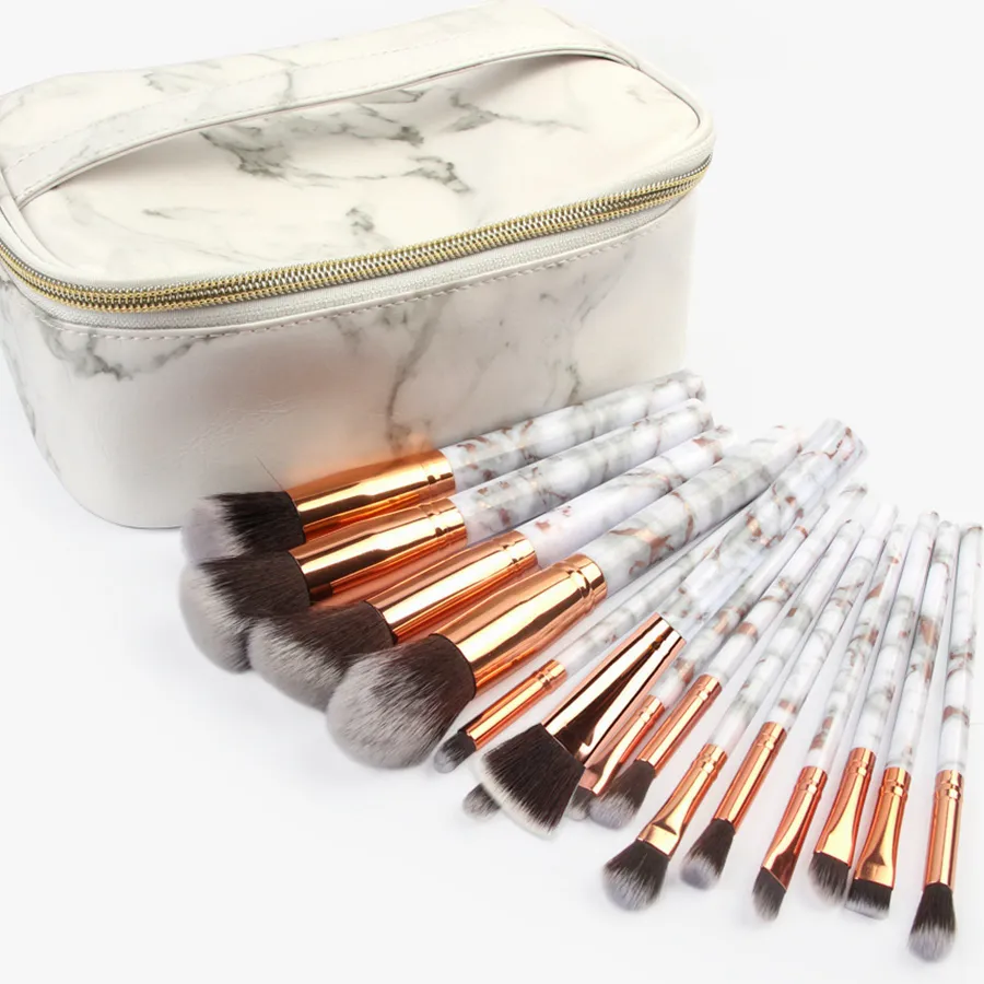 Juego de pinceles de maquillaje de mármol, base en polvo, sombra de ojos, cejas, pestañas, labios, kits de pinceles de maquillaje con bolsa de maquillaje 15 unids/set RRA858