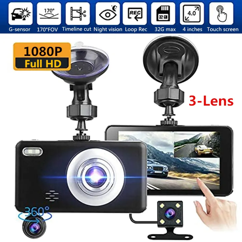 3ch car DVR dash cam driving video record 4 " touch screen FHD 1080P front + rear + 360° rotable عدسة قابلة للفصل 170° 140° 120 ° FOV