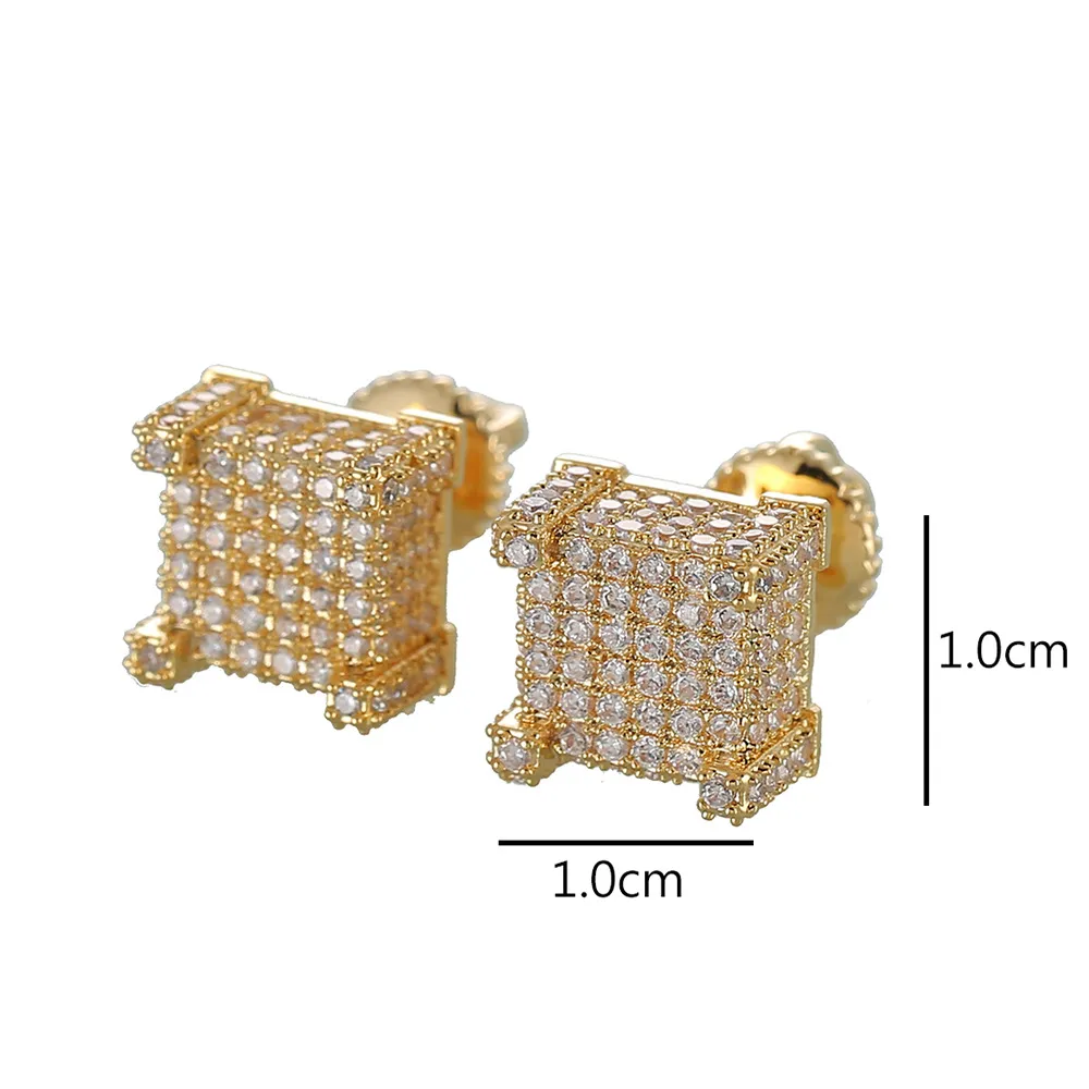 Hip Hop Earrings for Men Gold Silver Iced Out CZ Square Stud Earring With Screw Back Jewelry07