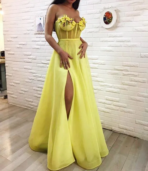 Bright Yellow High Slit Prom Homecoming Dress Sweetheart 3D Floral Flowers A line Organza Long Cocktail Evening Formal Gowns