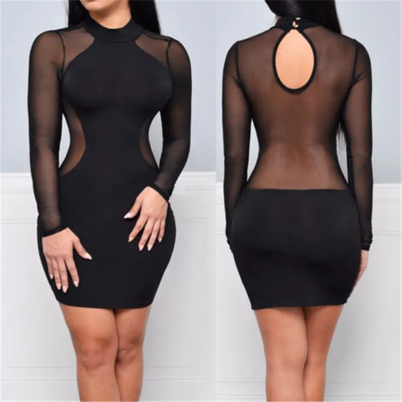 Sexy vrouwen jurk kijken door mesh bandage bodycon lange mouw vrouwen kleding avond sexy party clubwear mini skinny jurk