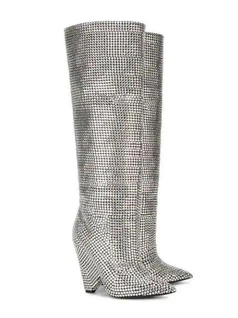 Limited Edition Rare French Luxury Shoes Milan Catwalk Diamond Rhinestone Crystal Boots Glitter Disco Niki 105 Crystal Slouch Boots Paris