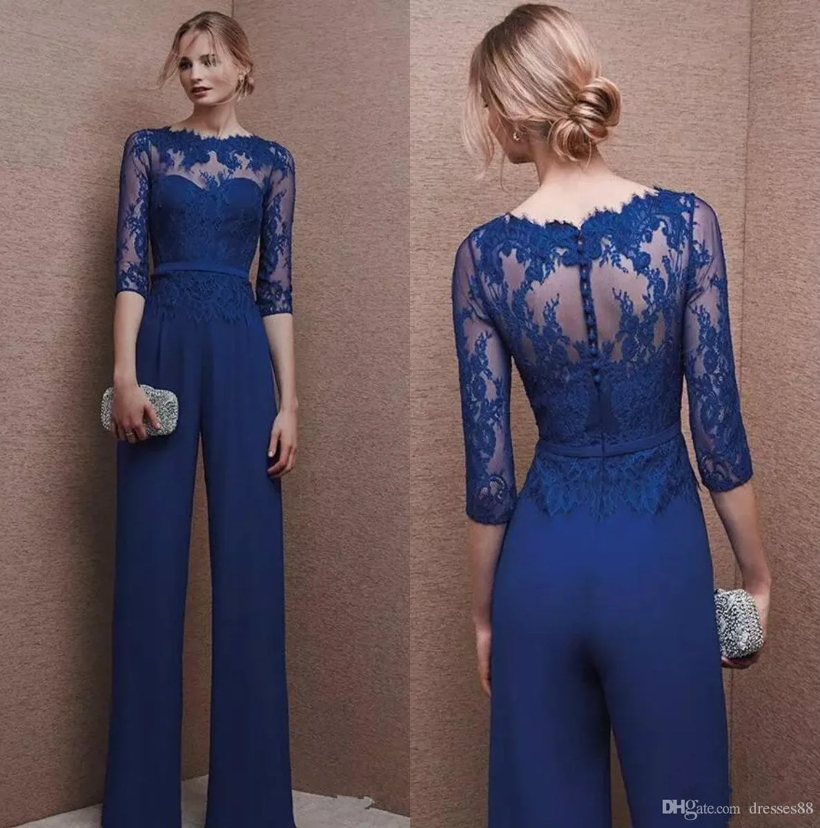 Royal Blue 2019 Plus Size of Bride Pant Suit 3/4 Spets ärm Mother Jumpsuit Chiffon Tail Party Evening Dresses Custom Made Made