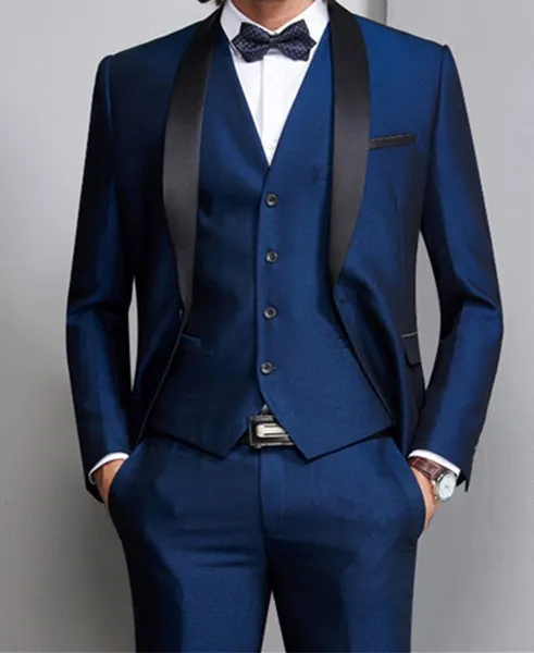 High Quality One Button Blue Wedding Groom Tuxedos Shawl Lapel Groomsmen Men Formal Prom Suits (Jacket+Pants+Vest+Tie) W185