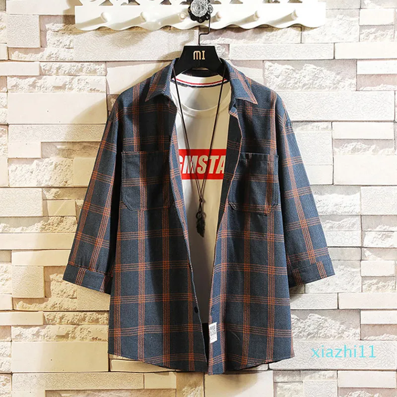Fashion-Casual Mens Trois Quarts Chemise Japonais Streetwear Plaid Stripe Chemise Coréenne pour Hommes Flanelle Vintage Chemise Hommes Clothes215n