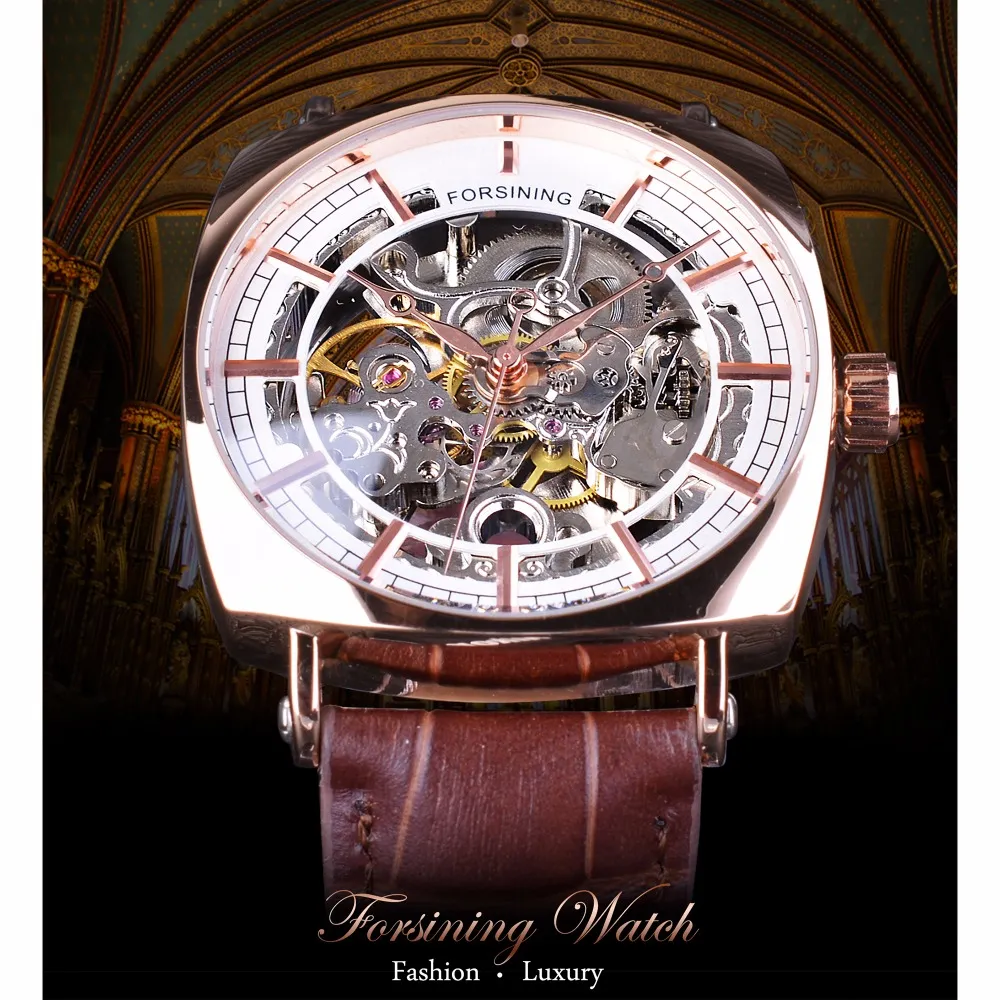 Zrezygnujący z brązowej, prawdziwa skórzana moda luksus Rose Rose Golden Transpeleton Men Men Automatyczne zegarki mechaniczne Top Brand243R