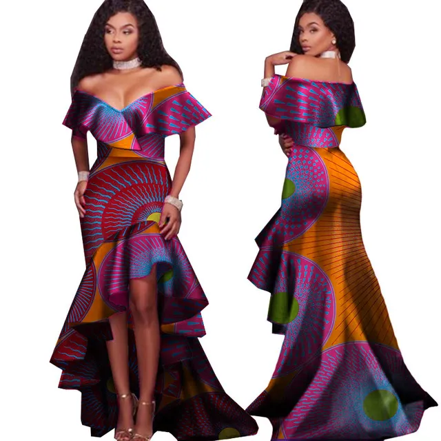 2019 nouveau automne africain Tribal National impression Slash cou Sexy longues robes pour les femmes afrique Bazin Riche Maix robes WY2248