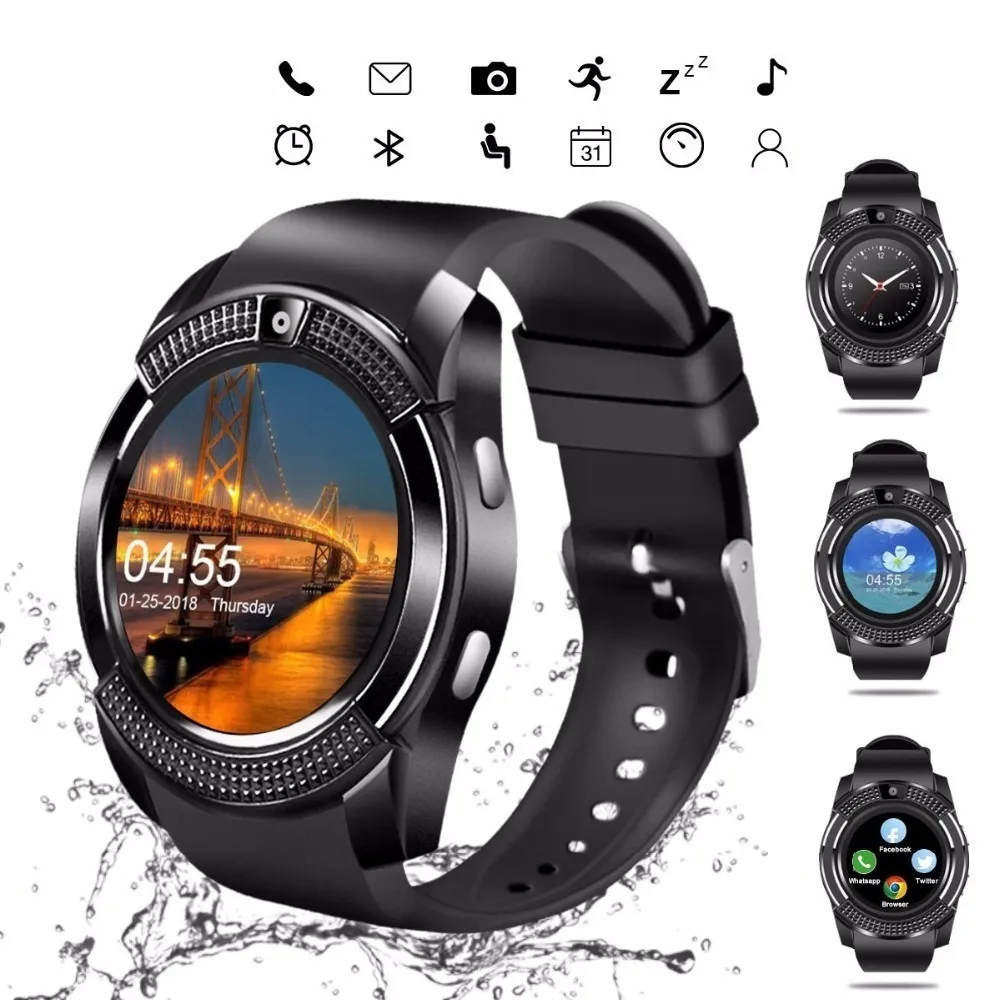 Yeni Akıllı İzle V8 Erkekler Bluetooth Spor Saatler Kadınlar Bayanlar Rel Gio Smartwatch Kamera ile SIM Kart Slot Android Telefon PK DZ09 Y1 A1 (Perakende)