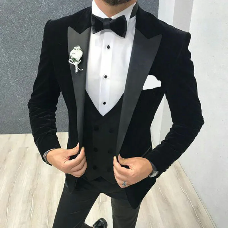 2020 noir velours hommes costumes pour mariage costumes marie Blazer smoking fumer veste 3 pieces coupe ajustee Costume Homme Terno Masculino