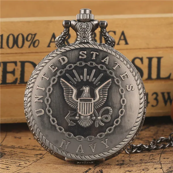 Retro Antique Navy Symbol Quartz Pocket Watch Army Military Necklace Pendant Chain Gift Clock Art Collectibles for Men Women