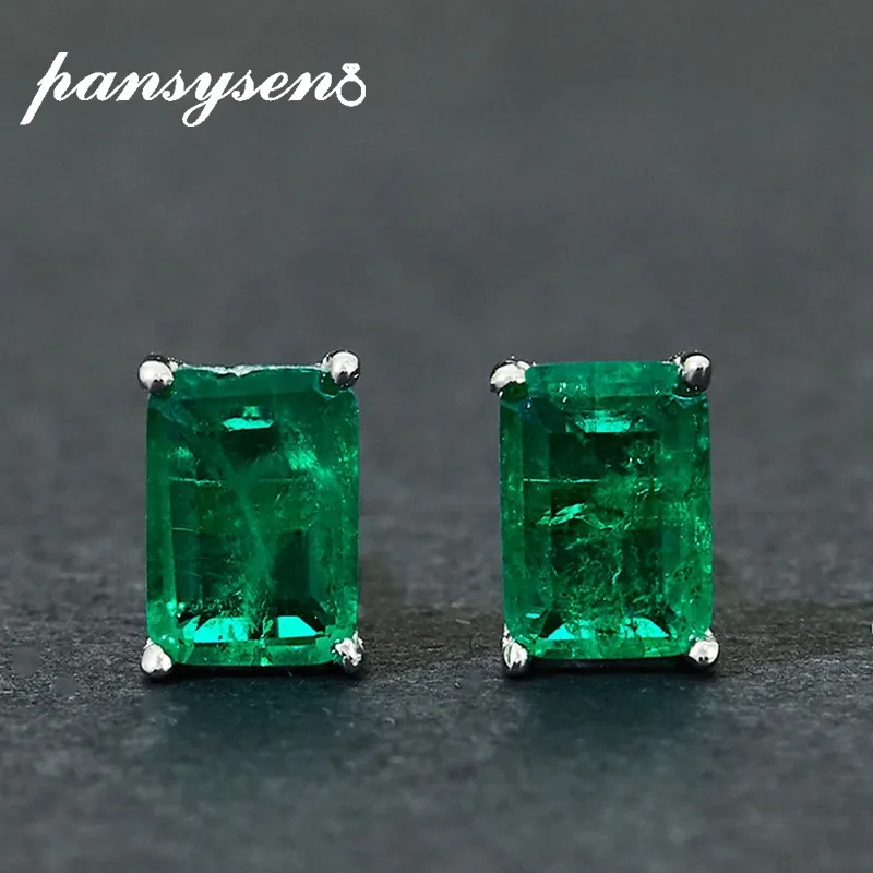 PANSYSEN Vintage Solid 925 Sterling Silver Emerald Gemstone Stud Earrings for Women Anniversary Party Gift Christmas Earrings CX200628