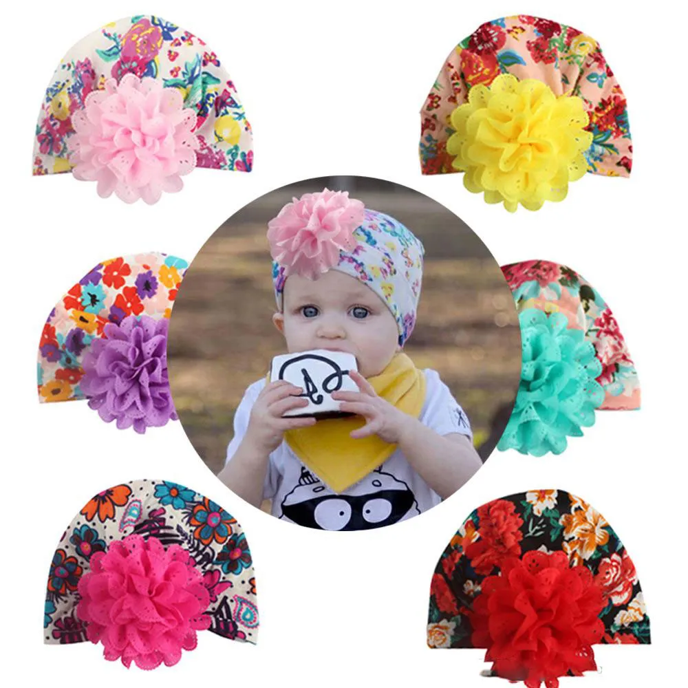 toddle crianças desenhador chapéus infantil atada chiffon flor impressão chapéu pullover Headband Bandanas acessórios de cabelo menina crianças cap turbante