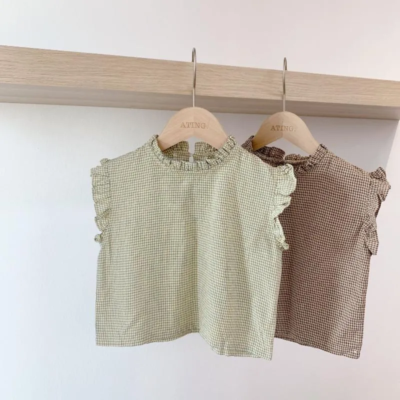 Koodykids Vintage Baby-Mädchen-Sommer-Shirt Blusen Grün Braun Plaid Kinder Tops Korean Vintage-Tops 2020 neue Mädchen-Sommer-Outfit